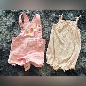 ❤️❤️ Pink Strawberry Embroidered Baby Short Overalls and Floral Romper Set